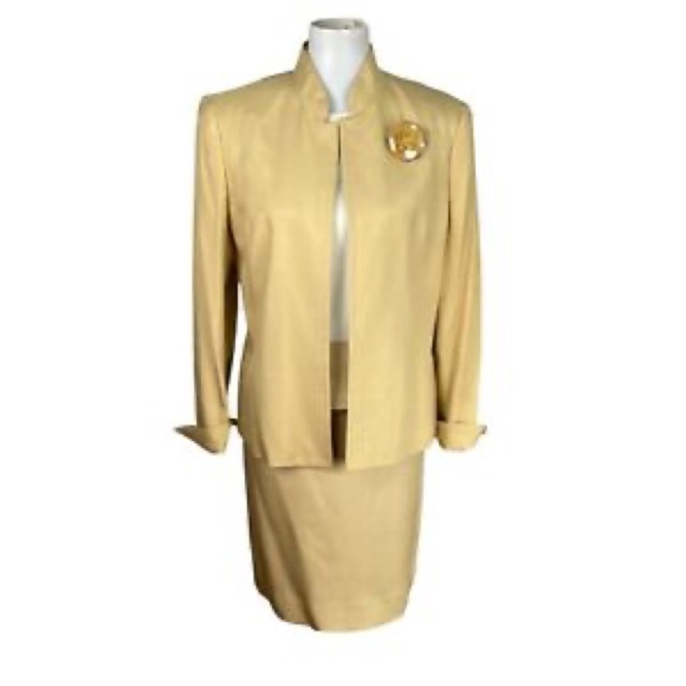 KASPER Women 3PC Gold Beige Silk Lined Stand Up Collar Skirt Suit SIZE 6P